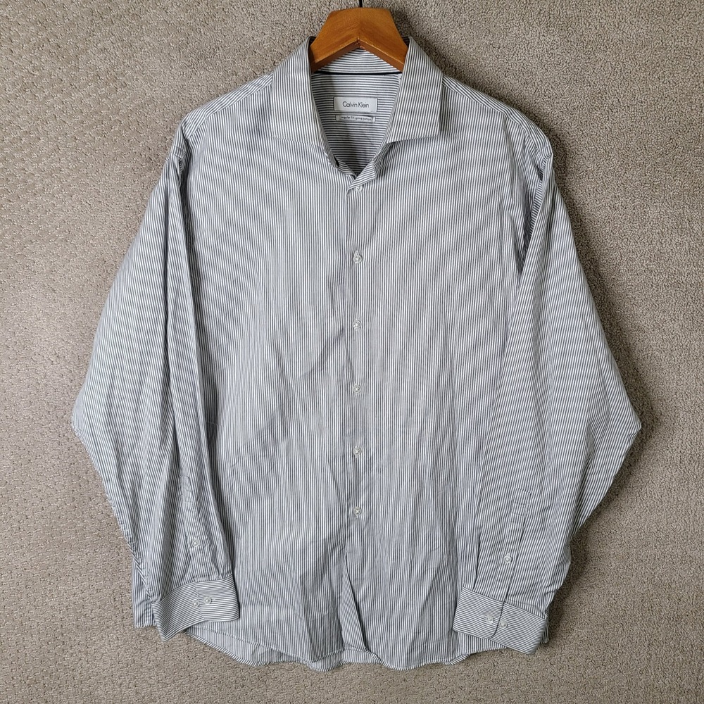 Calvin Klein Shirt Mens 16.5 34/35 Gray White Striped Regular Fit Pima Cotton